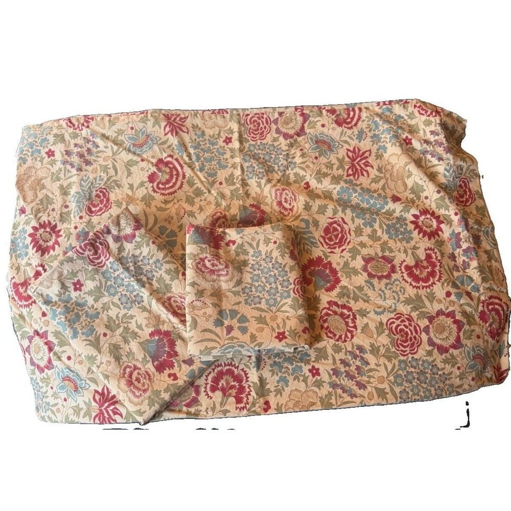 L L BEAN Botanical Floral Pillowcase Set Of 3 Standard 100% Cotton Tan Red Blue